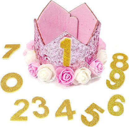 Pet Crown Dog Birthday Hat Reusable Birthday Party Crown Girl Cat Doggie Headband Hats with 0-9 Figures Charms Gift Grooming Accessories with Glue Dots Pack of 1(Pink)
