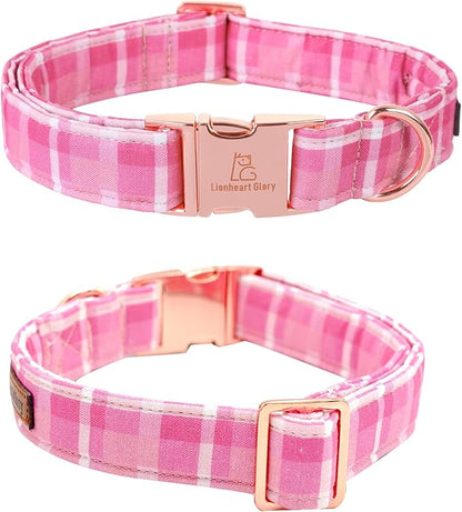 Lionheart glory Pink Plaid Dog Collar, Adjustable Dog Collar with Bowtie, Pet Gift Girl Collar for Dog Soft Bowtie Dog Collars for X-Small Puppy