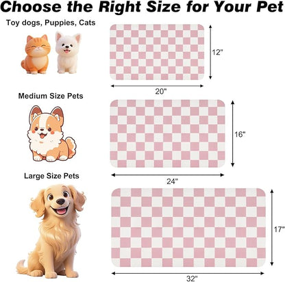 Checkered Dog Food Mat, Absorbent Leak-Proof Pet Feeding Mat, Quick Dry Cat Food Mat for Messy Drinkers 16" x 24" Pink