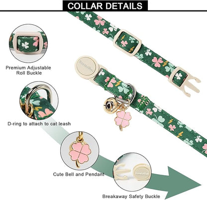 Lionet Paws 2pcs Pack St. Patrick Cotton Cat Collar,Breakaway Buckle with Green Clover and Rainbow Adjustable Pink Cat Kitten Collar,Ideal for Girl Cats Boy