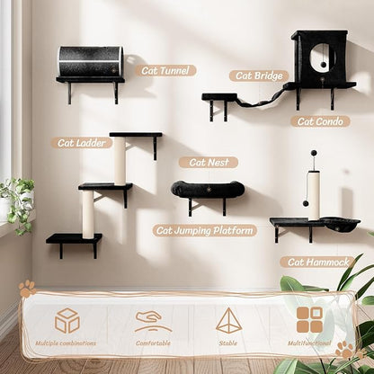 NUNU LAB Cat Wall Shelves Set, 7 Pcs Wall-Mounted Cat Climber with Cat House, Tunnel, Bridge, Scratching Post, Hammock, Wall Shelves, Black