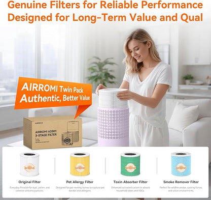 AIRROMI Air Purifier for Bedroom with HEPA 3-in-1 Filter, Pet Air Purifier for Home Cat Pee Smell, Covers Upto 990 Ft², Quiet 360°intake Air Cleaner for Pet Hair,Allergies,Pollen,Smoke A2001 Purple