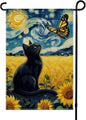 Spring Summer Garden Flag Van Gogh Starry Night Black Cat Banner - Monarch Butterfly Sunflower Art Outdoor Decor for Porch Yard Patio Decorations