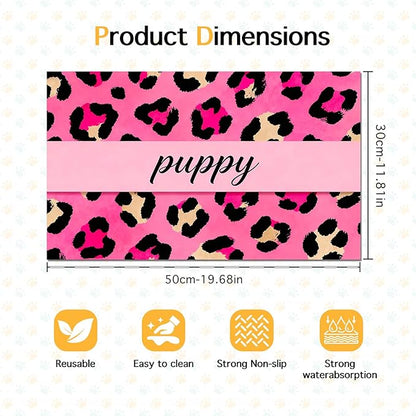 Puppy Feeding Mat 20x12 inch Pink Leopard Print Dog Bowl Placemat Non Slip Mat for Pet Food and Water Small Dog Feeding Area Indoor Puppy Feedings Station Pet Meal Mats for Kitchen