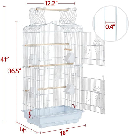 Yaheetech 41'' Open Top Medium Size Quaker Parrot Bird Cage Cockatiel Indian Ring Neck Sun Parakeet Green Cheek Conures Lovebird Budgie Canary Finch Parrotlet Bird Cage, White