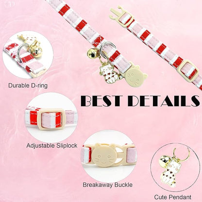 Elegant little tail 2 Pack Cat Collar-Pink Strip Cotton Breakaway Cat Collars with Bell Pendant Kitten Girl Cats Safety Adjustable Collar for Small Cats Puppy