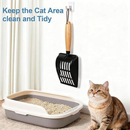 Cat Litter Scoop, Metal Litter Scoop, Heavy Duty Metal Cat Scooper for Litter Box, Black Sifter Scoop for Pellets, Wooden Handle Scoop with Hole, Kitty Necessity (5.5" Handle)