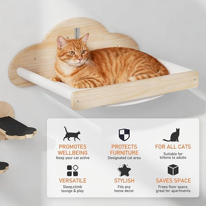 XiaZ Cat Wall Hammock Mounted Bed with 4 Climbing Steps, Modern Cats Shelves and Perches up to 30lbs, Wooden Kitten Wall Furniture for Indoor Sleeping, Playing, Climbing and Lounging (Hammock)