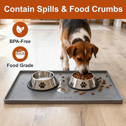 Extra Thick Silicone Mat Waterproof with Raised Edge 19” x 12”, BPA Free Non-Slip Dog & Cat Food Mat, Feeding Mat for Food and Water Bowls, Spill Proof Mat to Protect Floors, Gray