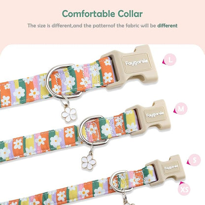 Faygarsle Colorful Floral Dog Collar, Cotton Fabric with Daisy Pattern, Multi-Color Stripes Spring Summer Design for Small Medium Large Dogs S
