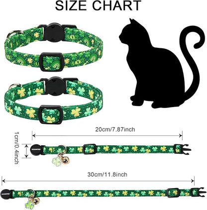 2 Pack St.Patrick's Day Kitten Collars,DOGWONG Cute Shamrock Breakaway Kitty Collars,Spring Green Trefoil Cat Collar with Bell, Lucky Clover Kitten Collars for Girl & Boy Cats