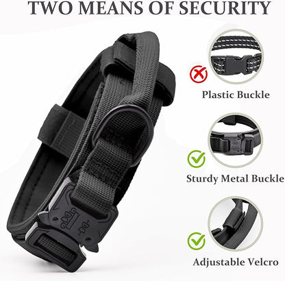 Tactical Dog Collar Set, Adjustable Military Training Nylon Dog Collar with Control Handle and Heavy Quick-Release Metal Buckle for Small Medium Large Dogs, Black Set M