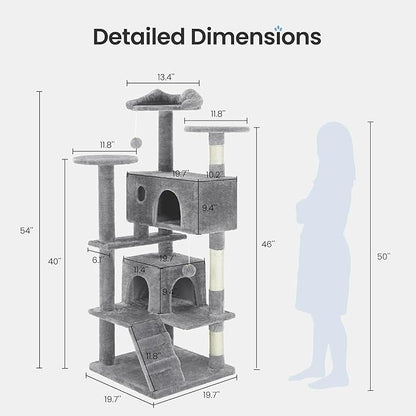 54 Inches Cat Tree Tower for Indoor Cats, Cat Tree Tower Condo with Scratching Post for Cats House Play, Multi-Level Furniture Activity Center for Pet, Sisal Rope, Light Gray
