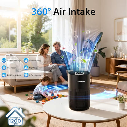 Air Purifiers for Bedroom with H14 True HEPA, Quiet Air Cleaner With Sleep Mode Night Light, Small Air Purifier Covers Up to 1200ft², 360° Air Intake, 3 Speeds, Timer, Aroma Function, Black