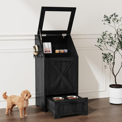 Dog Feeding Station with Storage Cabinet and 2 Elevated Dog Bowls, Hidden Pet Food Storage Organizer for Dog &Cat,Modern Dogs Furniture (Black)