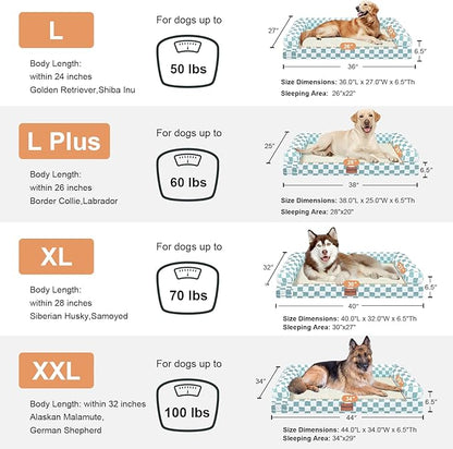 Large Dog Bed Orthopedic Washable: Beds Bolster XL Bed Big XLarge Dogs Egg Crate Foam Couch Sofa Waterproof with Removable Cover - Green Grid