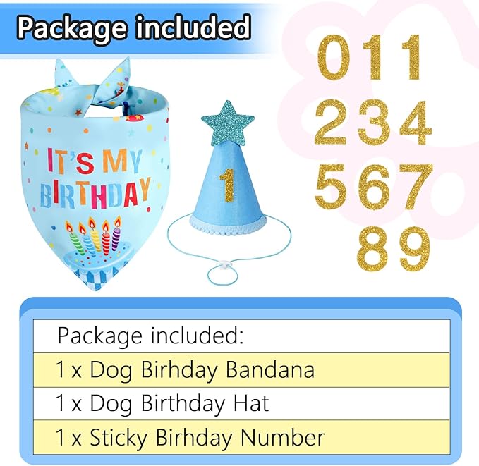 Dog Birthday Party Supplies with Hat Bandana Numbers, Light Blue Dog Birthday Set for Large Medium Pets Puppy Boy