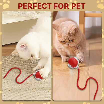 Interactive Electric Automatic Rolling Moving Rechargeable Self Play Stimulation Toy,Smart Pet Chase Ball with Speedy Tail Rope for Bored Indoor Cats Enrichment,stimulating Dogs Toy (Red)