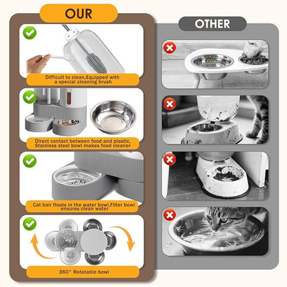 Automatic Gravity Cat Dog Feeder and Water Dispenser with 304 Stainless Steel Bowls 2 in 1 360 Degree Rotatable Auto 2.4L Dry Food and 2.6L Water Bowl for Small Medium Pet Dog Puppy Kitten (Gray)