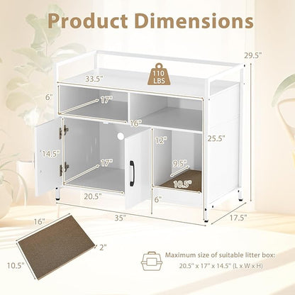 Giantex Cat Litter Box Enclosure - Cat Washroom Hidden Furniture with Front Entry, Scratcher, 2-Door Storage Cabinet, 2 Compartments, Air Vents, Metal Frame, Wooden Pet Crate House (White)