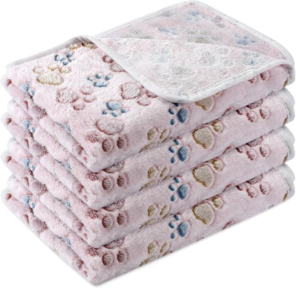 Tatuo 4 Pcs Dog Blanket for Pet Cat Blankets Indoor Puppy Teething Stuff Toys Paw Print Fleece Soft Blanket Sleep Mat for Guinea Pig Cage(Beige,Medium(30 x 20.5 Inch),Square)