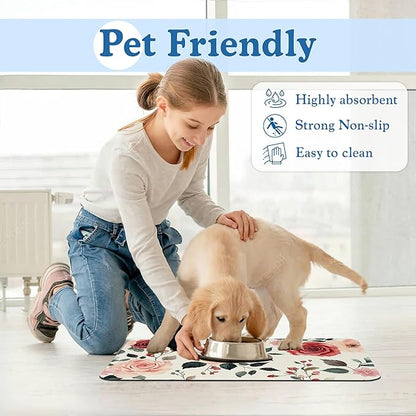 Pink Flower Leaf Pet Feeding Mat–Christmas Stocking Quick Dry Absorbent Dog Cat Food Mat, Non Slip Waterproof Bowl Placemat for Messy Eaters, Pet Accessories for Floors 16"x24"