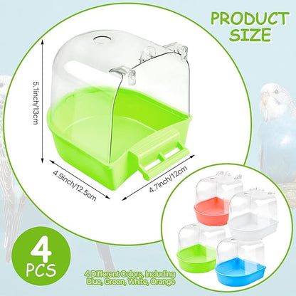 Supkiir 4Pcs Clear Bird Bath for Cage, Parakeet Bath Cage Accessories with Water Injectors, Hanging Bird Bath Box Parrot Bird Bathing Tub for Small Birds Cockatiel Conure Canary Budgies