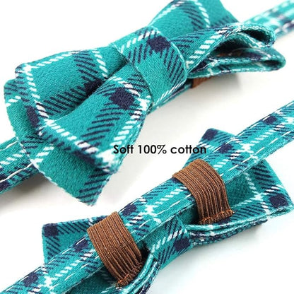 Cat Collar Breakaway with Bell and Bow Tie, Plaid Design Adjustable Safety Kitty Kitten Collars Set of 2 PCS(6.8-10.8in) (Pink&Cyan Plaid)