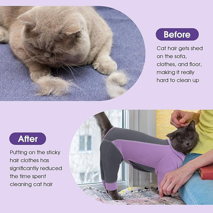 SUNFURA Hair Sticky Cat Clothes, Cat Sweater for Cats Only, 4-Legged Fleece Sweaters Kitten Pajamas Reduce Shedding Fur, Warm Pullover Shirts for Cats, Purple L