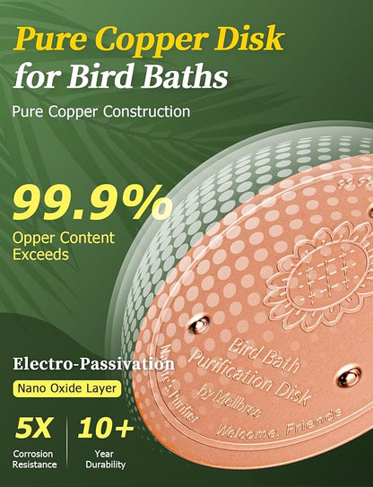 Mellbree 4-Pack Bird Bath Copper Disk, 0.6mm Reinforced 99.99% Pure Copper Cleaning Disk with Triple-Point Support for Physical Safe Clean Water All-Season (Sunflower)