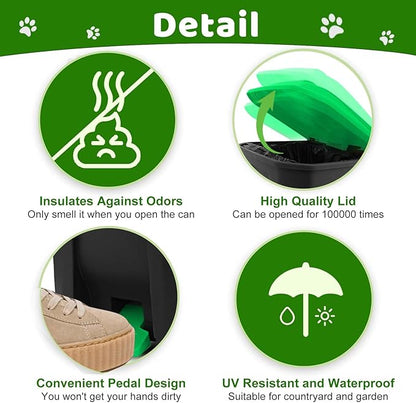 Dog Poop Trash Can Outside, 20L/5Gallon Dog Waste Trash Can with Lid, Pedal and Removable Inner Waste Bin, Pet Poop Bucket with 100 Bags, Green