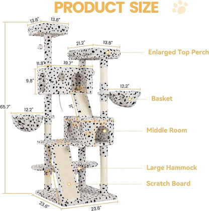 WEEWAY Cat Tree Tower for Indoor Cats,65'' Multi-Level Cat Furniture Activity Center,Stand House Condo Cave,Sisal Scratching Posts Ramps,Plush Perches Platforms Basket Hammock, White&Black Spot