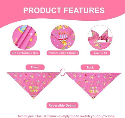 Dog Birthday Bandana Girl for Small Dogs, Reversible 2 Patterns in 1, Pink Confetti Scarf, Happy Birthday Party Outfit Puppy Gift (9-14" Neck)