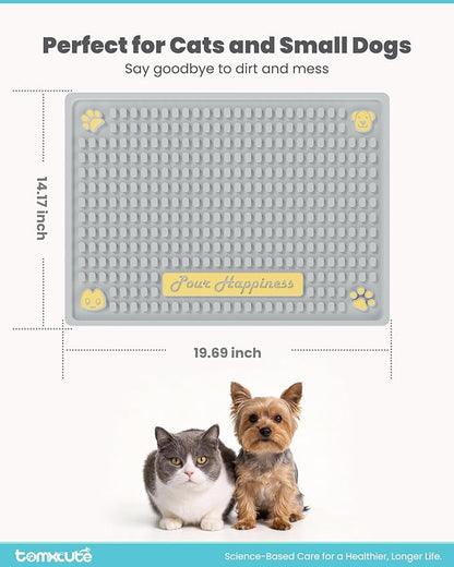 Tomxcute Extra Thick Pet Feeding Mat 19.7" x 14.2", BPA-Free Food-Grade PVC, Waterproof Raised Edge Non-Slip Bowl Mat for Cat Water Fountain & Automatic Feeder, Textured Fast-Drain, Brush Included
