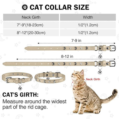 Leather Cat Collars for Boy Girl Cats with Bell and Safety Elastic Belt, Personalized Star and Moon Stud Adjustable Safe Buckle Collar for Kitty Small Big Cats Size 7-9 Inch, Gold