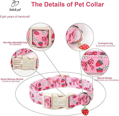 Strawberry Bow Dog Collar for Puppy Small Dogs - Cute Pink Spring/Summer Girl Dog Collars, Lightweight Adjustable Female Girly Dogs Collars with Quick Release Buckle XS
