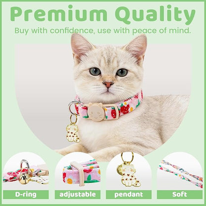 Spring Cat Collar-2 Pack Collars Strawberry and Flower Print Breakaway with Kitten and Bell Pendant Safety Buckle Adjustable Pet Collar Gift for Cats and Small Pets