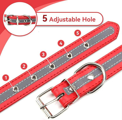 PETCARE Reflective Dog Collar with Cute Paw Rivet Studded Funny Soft PU Leather Adjustable Puppy Dog Collars for Small Medium Large Dogs Cats (Red,Large)
