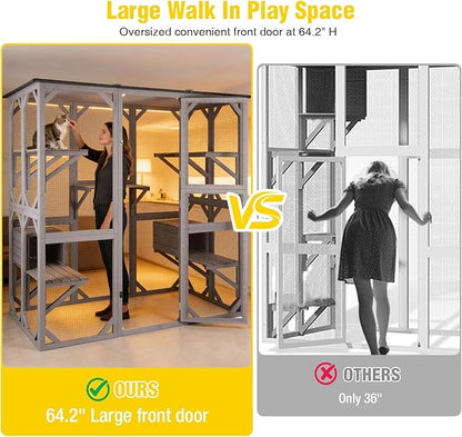 Aivituvin Catio Outdoor Cat Enclosure with 7 Platforms, 2 Resting Boxes, Large Window Cat House for 6-8 Mulitiple Cats Walk in Kitty Cage with Weatherproof Tarp Roof 71"