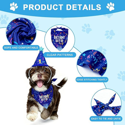 Dog Birthday Party Decorations, Adjustable Dog Bandana Set with Hat, Numbers, Banner for Pet Party Supplies Festive Accessories Large Medium Small Pet Puppy Dogs, Blue