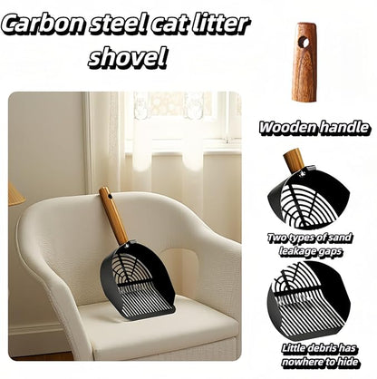 Chinshwehaw Premium Stainless Steel Cat Litter Scoop-Triple Guard Walls&Non-Stick Design,Silver,Flat Shovel Head Design Solid Deep Edge Wood Handle,Dual Hooks 1Pack,6.1x5.3inch (Black Long Strip)