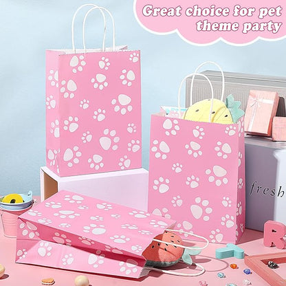 Blulu 20 Pcs Puppy Dog Paw Gift Bags with Paper Twist Handles, Dog Gift Paper Paw Treat Goodie Bags for PET Treat Party Favor, 6.3 x 3.1 x 8.6 Inch(Pink Backing)