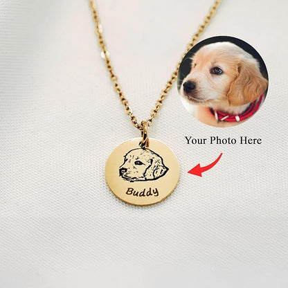 Custom Pet Portrait Necklace with Photo & Name – Dog or Cat Memorial Jewelry for Women or Men, Personalized Engraved Round Disc for Cat Loss, Birthday Gifts for Pet Owners, Dog Moms & Animal Lovers