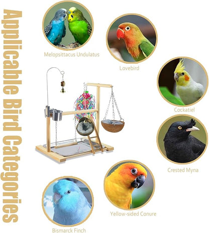 Bird Stand Fun Straw Bell Toys,Parrot Wooden Platform Stand with Perch Ladder, Swing, Bell & Feeder