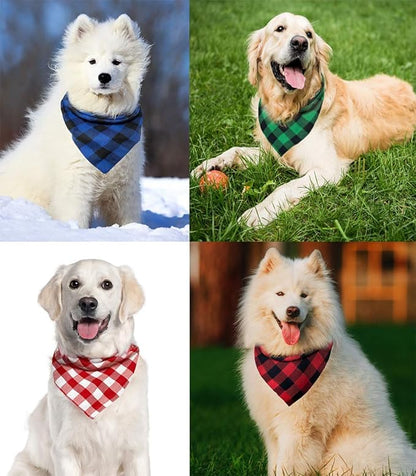 Christmas Plaid Dog Bandana with Button, Dual Layer Scarf Soft Cotton Triangle Bib Girls and Boys Kerchief Adjustable Accessories for Small Medium Large Extra Large Dog Puppy Pet Cat
