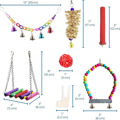 SunGrow Parrot Swing and Perch Bundle, Keep Birds from Hatching Plans for World Domination with Joyful Colorful Items for Love Birds, Conures, Cockatiels, Finches, Parakeets, 12 Pieces