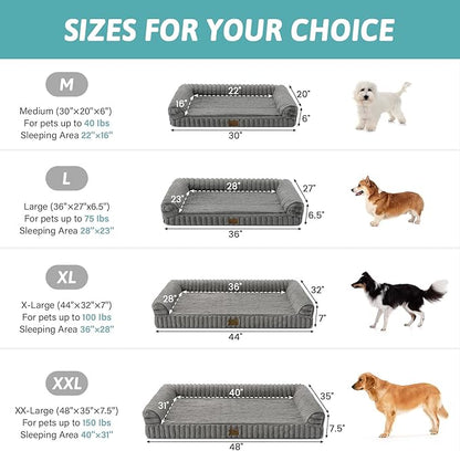 Cute Dog Bed for Large Dogs, Faux Rabbit Fur Orthopedic Foam Dog Bed with Sides, Removable Washable Cover & Waterproof Lining, Comfortable Pet Couch, Grey (44" L x 32" W x 7" Th)