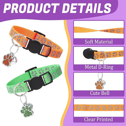 10Pcs Breakaway Cat Collars with Bell Paw Print Cute Adjustable Kitten Collars with Pendant Glow in The Dark