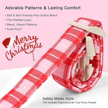Plaid Dog Collar - Cute Red and Pink Plaid Puppy Collar with Safety Buckle, Soft Adjustable Holiday Dog Collars for Small Medium Large Dogs XS