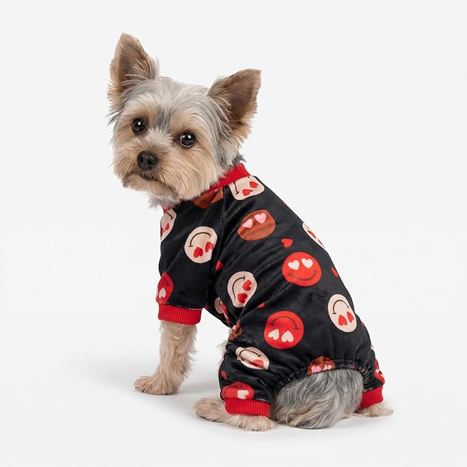 Fitwarm Hearts Eyes Smily Face Dog Pajamas, Cozy Valentines Outfit for Small Dogs Boy Girl, Festive Pet Clothes, Black, Red, Medium